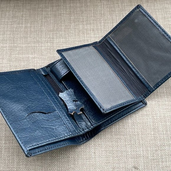 Genuine Blue Leather Wallet Multi Card Holder Handmade Bifold Men Wallet Purse - Picture 7 of 12